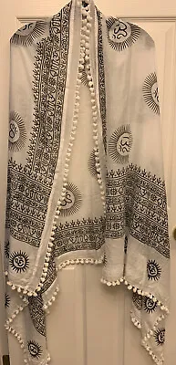 Matta NY Silk Cotton Dupatta Scarf White With Black OM Design.  Hard To Find. • $175