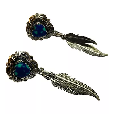 Quoc Turquoise Inc QT Sterling 925 Silver Azurite Concho Heart Feather Earrings • $44