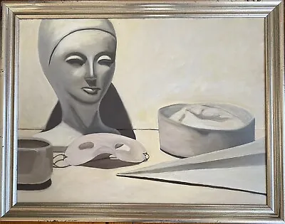 Vintage Still Life Painting 18 X 24 Head Mask Sailor Hat Paper Airplane • $450