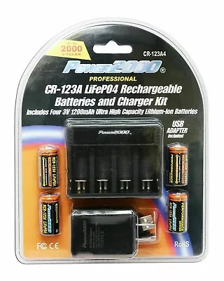 Power2000 CR-123A 4-Pack Rechargeable LiFePO4 Battery & Charger Kit 110/240V • $31.99