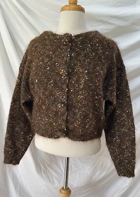 Vtg Paul Duffier Brown Marled Mohair Cropped Cardigan Sweater M • $12.99