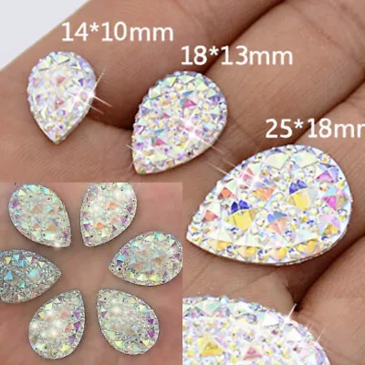 50x Flat Back Rhinestone Teardrop Large AB Bead Diamante Gem Crystal Iridescent  • £6.99