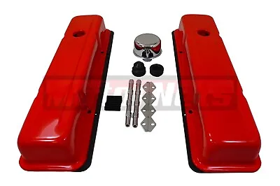 Small Block Chevy Orange Tall Valve Covers 283 327 350 400 SBC Gasket Breather • $128.24