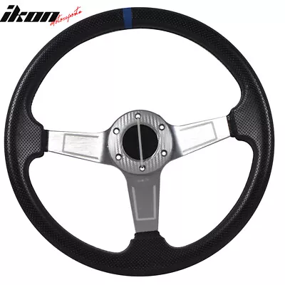 350MM PVC 6 Hole Steering Wheel Deep Dish Silver Spoke Blue Ring & Black Emblem • $28.99