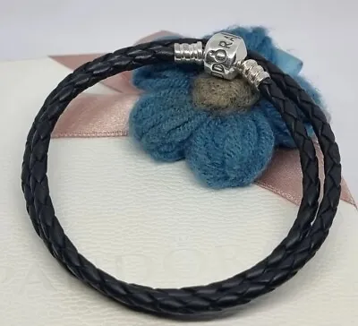 Genuine Pandora Moments Black Leather Double Wrap Bracelet  36cm 💕 S925 ALE  • £35