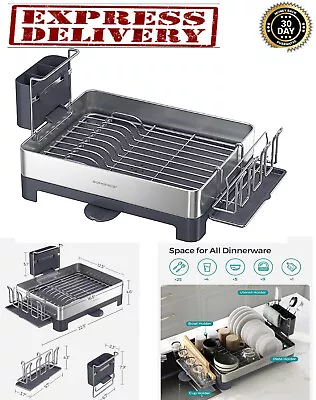 Large Dish Drying Rack Stainless Steel With Drainboard Kitchen Rotatable Holder • $49.99