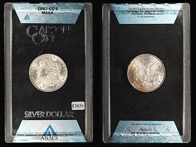 1882-CC $1 Morgan Dollar - Rainbow Toning - Clashed N - GSA ANACS MS 64 - B3870 • $390