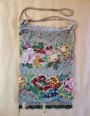 Vtg 1920s Floral Micro Beaded Fringed Reticule Handbag. • $89