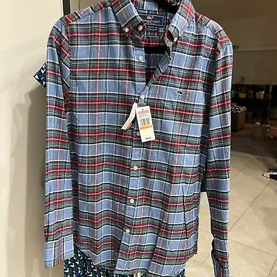 NWT VINEYARD VINES Mens Small  Slim Fit WHALE BUTTON SHIRT Bimini Blue Flannel • $39