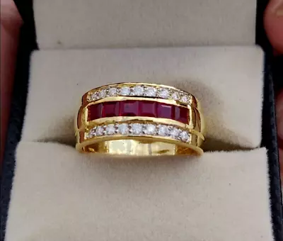 0.63ctw Princess Cut Natural Ruby & Diamond Men's Ring Solid 10k Yellow Gold • $899.99