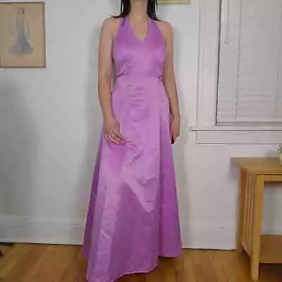Purple Beaded Prom Dress Vintage 90s Y2k Satin Halter Top Padded Size 6 • $98