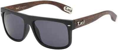 Locs Sunglasses - Retro Flat Top Black Frame / Brown Wood Print Arms - Men's • $10.95