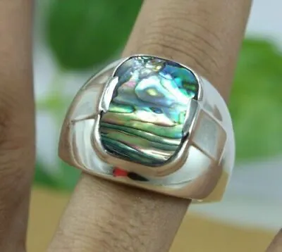 Solid 925 Sterling Silver Blue Abalone Shell Gemstone Christmas Gift Mens Ring • $46.50