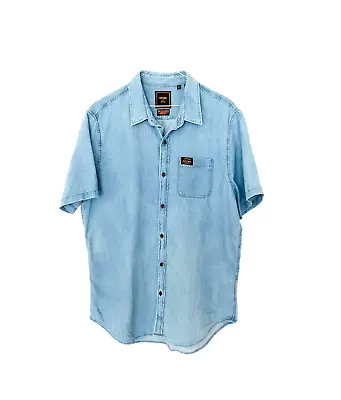 Superdry Japan Workwear Denim Style Blue Casual Shirt 2XL 100%Cotton Half Sleeve • £13.99