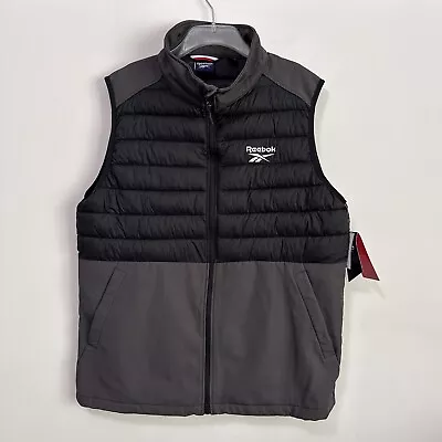 Reebok Mens Partial Puffer Vest L Full Zip Gray Black Pockets Travel Jacket NEW • $59.99