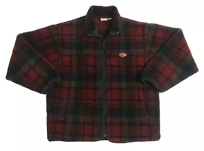 Vintage Woolrich Men's Large Deep Pile Plaid Sherpa Fleece Zip Jacket Red Green • $45