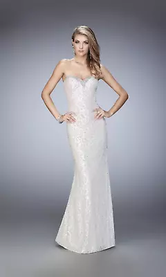 LA FEMME Long Strapless Homecoming/Prom Evening White/blush Lace Dress Size 8 • $100