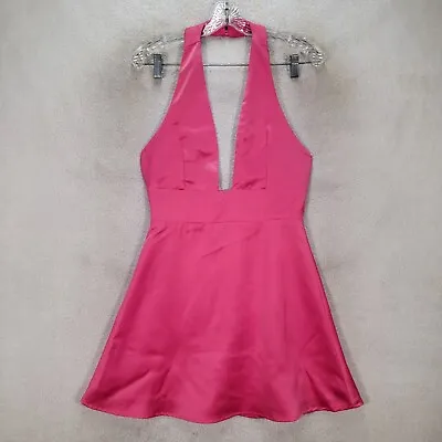 About Us Revolve Women Dress Size S Pink Satin Stretch Low Cut Halter Micro Mini • $35.95