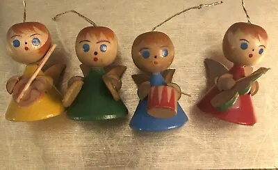 VTG Set 4 Angel Wooden Ornaments Hand Painted Holding Musical Instruments In Box • $19.99