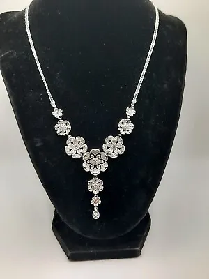 $45 • Buy Nadri Silvertone Floral And Teardrop Necklace Cubic Zirconia Stones 17.5