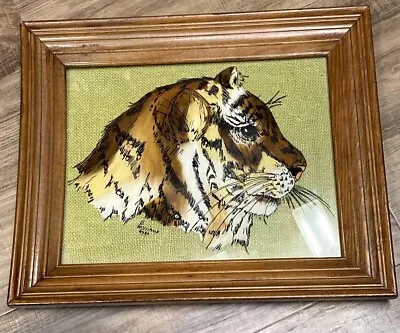 Vintage Hand Painted Tiger On Glass Signed And Dated With Wood Frame 17” X 14” • $39.99