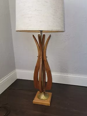 Vintage Tulip Lamp Mid Century Modern Danish Walnut Wood Brass Lg Table Bedside • $164.99