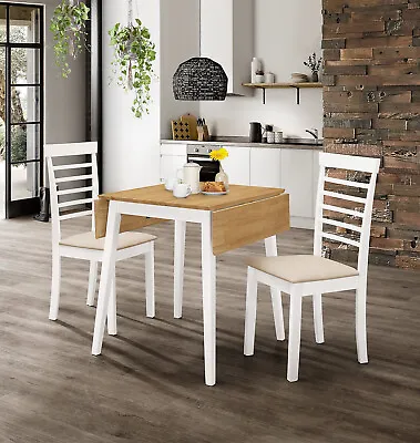 Small Solid Wooden Drop Leaf Dining Table And 2 Chairs Set In White & Oak Finish • £215.99