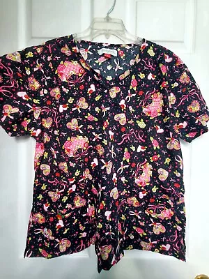 Mary Engelbreit Scrub Top Size XL-Black/Pink Roses & CA Ribbon-Chest 25.5 /L 27  • $10