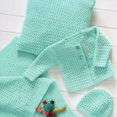 (cbs6) Crochet Pattern -  Baby Blanket Cushion Cardigan & Hat Dk Size 12  - 22  • £1.99