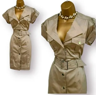 Karen Millen Beige Utility Military Safari Belted Wiggle Pencil Dress UK 12 • £64.99