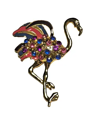 Vintage FOX Signed Flamingo Brooch/Pin - Gold Tone Enamel & Rhinestones • $26.25