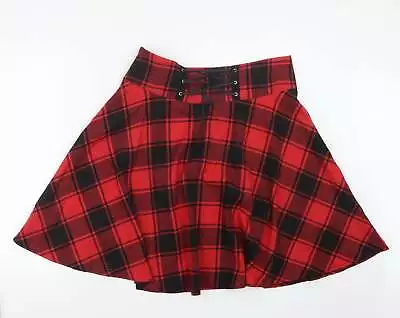 Preworn Womens Red Check Cotton A-Line Skirt Size 34 In Zip • £5