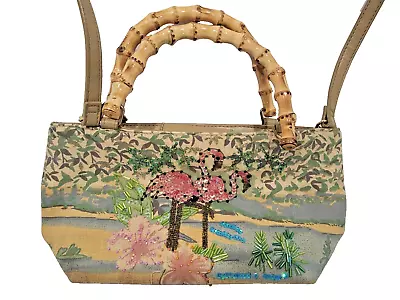 Marlo Handbag Tropical With Bamboo Handle Vintage Pink Flamingo • $37.25