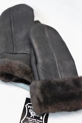 Real Genuine Sheepskin Shearling Leather Mittens Unisex Black / Dark Brown S-2xl • $23.89