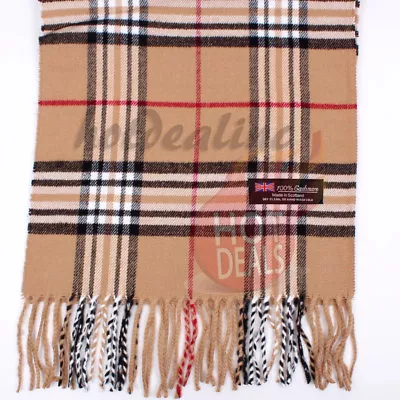 Men Women Unisex 100% CASHMERE Tartan Stripe Plaid Wool Camel Wrap Scarf • $7.99