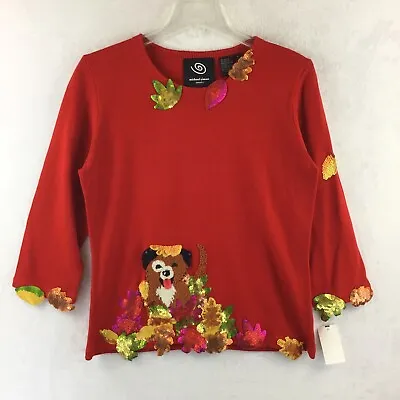 Michael Simon Y2K Lightweight 3/4 SLV Sequin Dog Fall Leaves Sweater NWT Size M • $149.50