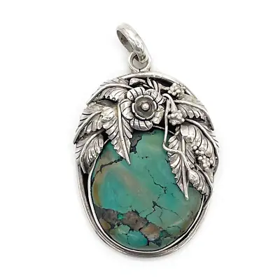 Vtg Native American Sterling Silver Leaf Floral Turquoise Southwestern Pendant • $165