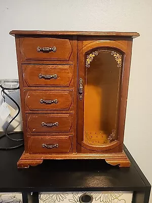 Vintage Wooden Jewelry Box Necklace Carousel Ring Organizer Cabinet W/5 Drawers • $14.99