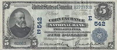 1902 $5 Corn Exchange National Bank Philadelphia PA #542 • $157.50