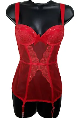 Victoria's Secret Lingerie Set Red Lace Merrywidow Bustier W/Garter & Panty 34C • $84.37