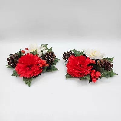 Set Of 2 Vintage Silk Flowers Pinecones Wreath Candle Ring Set • $12