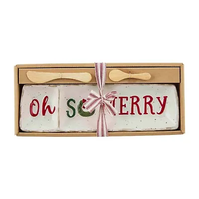 New Mud Pie Farmhouse Christmas Oh So Merry Tray Set With Dish Spoon & Spreader • $24.95