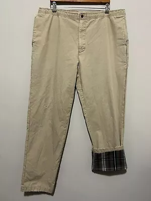 LL Bean 🔥 Flannel Lined Khaki Pants 40x33 Elastic Waist Snap Men's Large L • $17.95