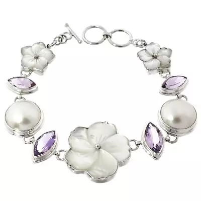 925 Silver Adorable Mother Of Pearl Flower Amethyst Mabe Pearl Sterling Bracelet • $109.95