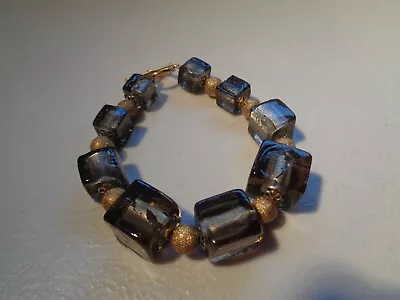 Murano Style Glass Cube And Yellow Metal With Beads Bracelet 8.5in Long.Used • £12