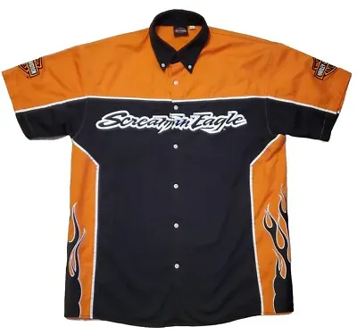 Harley-Davidson SCREAMIN EAGLE SS Button-Up Shirt Men L Embroidered Black Orange • $33.99