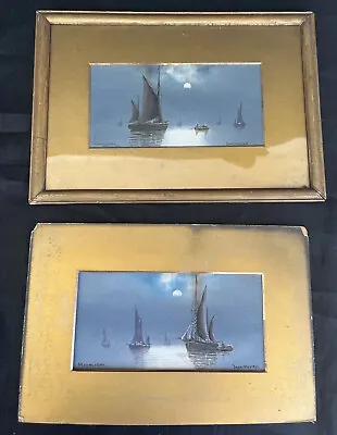 £8 • Buy 2 X Original Painting By John Morris Artist Sea View Boat Junk Title Moonlight