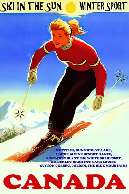 366840 Ski In The Sun Canada Woman Downhill Skiing Sport Vintage Poster • $29.95