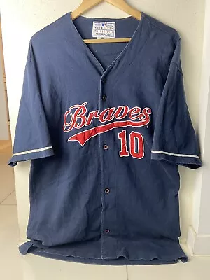 Atlanta Braves Mirage Baseball Jersey Size Large 100% Cotton Navy Top Vintage • $32.29