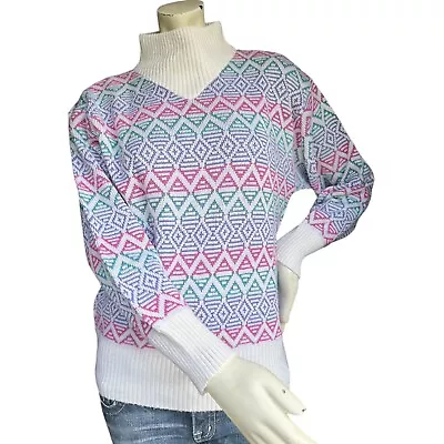 Vintage Meister Ski Wool Blend Pink & Purple Art Deco Turtleneck Sweater Small. • $44.99
